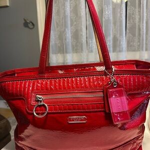 Coach Red Croc-Embossed Tote Bag